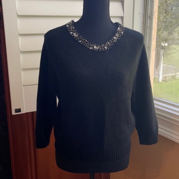 Bebe | Black Sweater with Embellished Jeweled Beaded Collar Neckline Size Medium - Picture 2 of 16